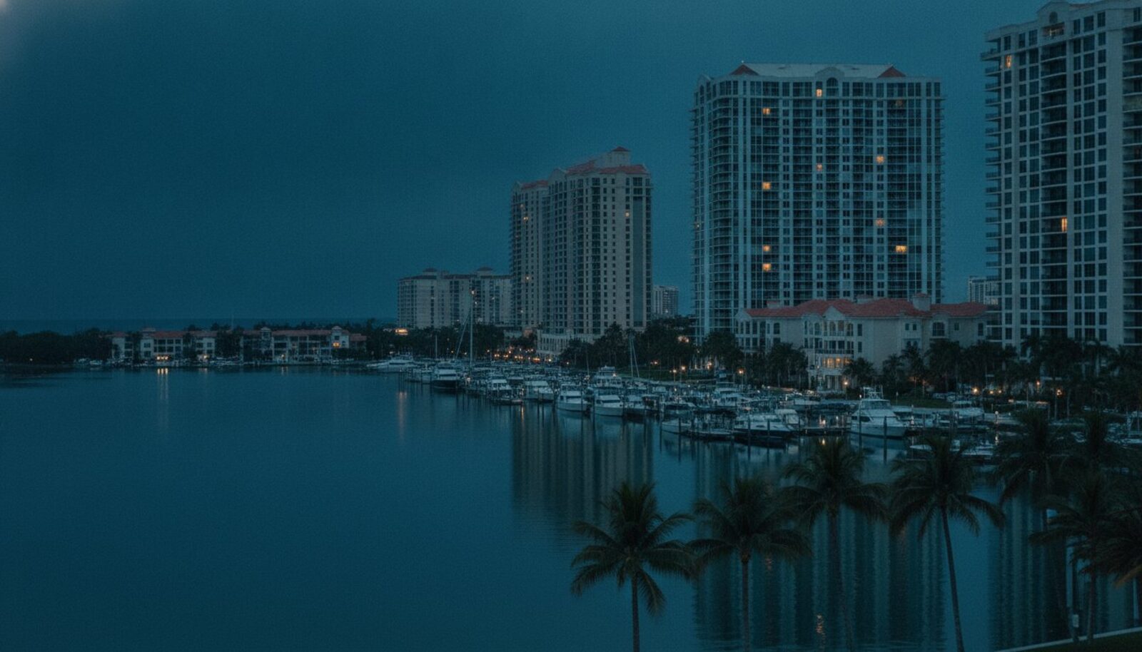Southwest Florida waterfront skyline at blue hour
