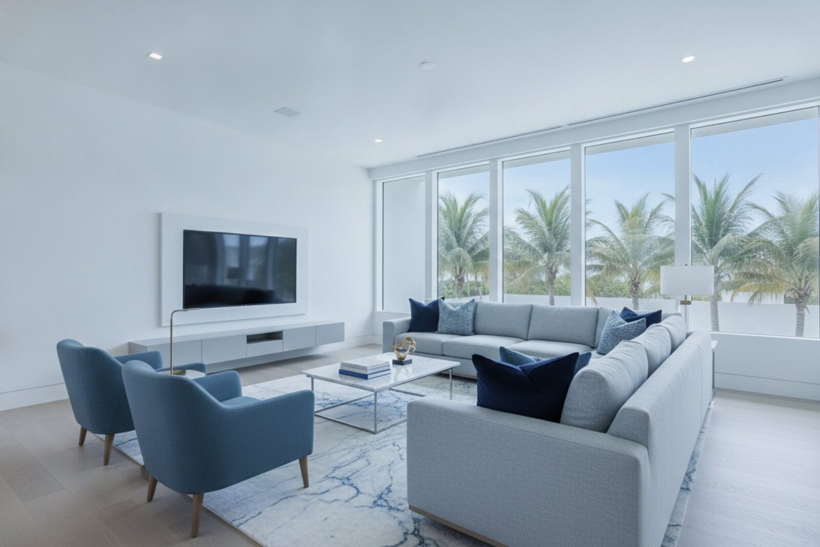 Bright coastal Southwest Florida living room with palms beyond the windows