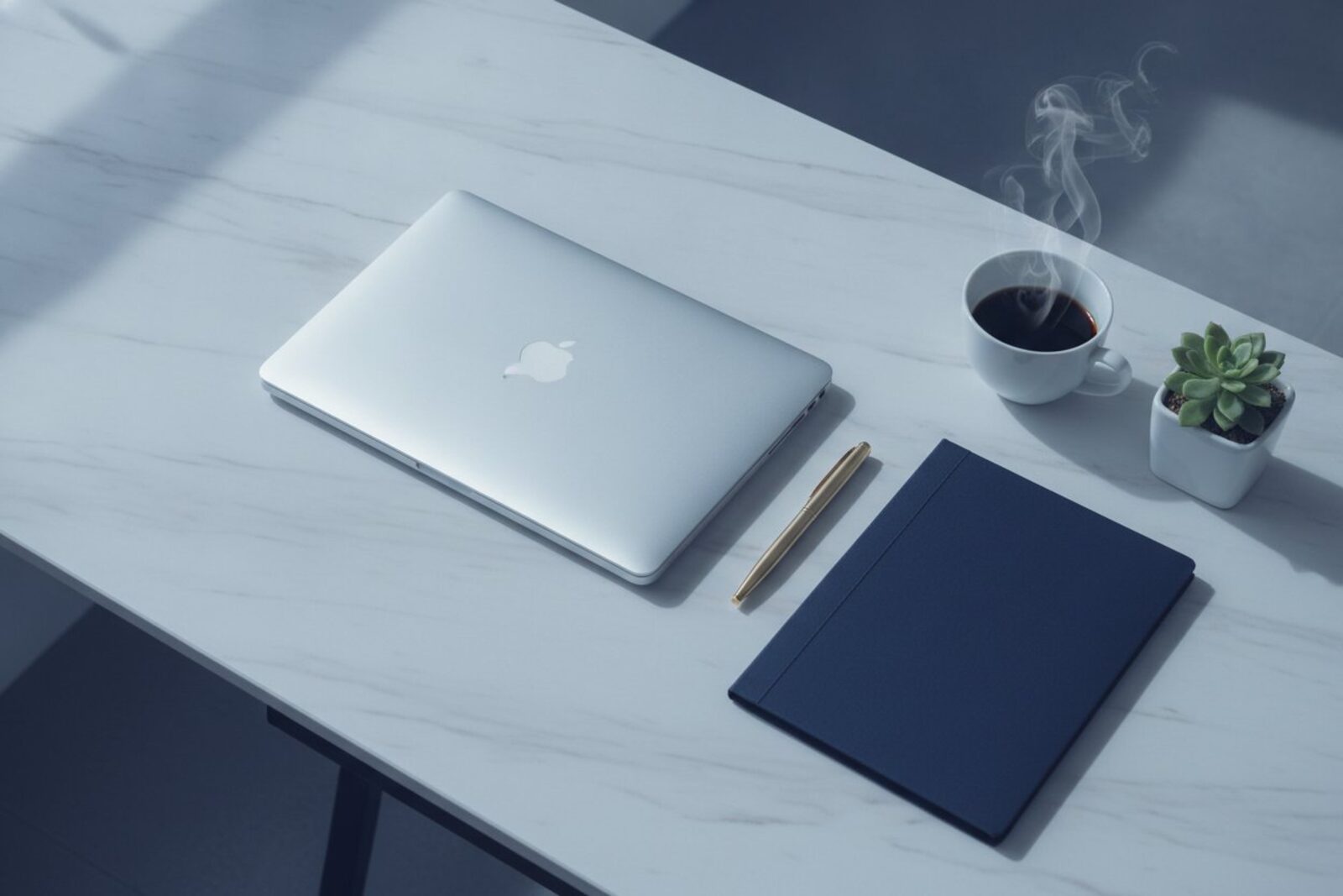 An organized desk with a closed laptop, coffee, and a navy folder
